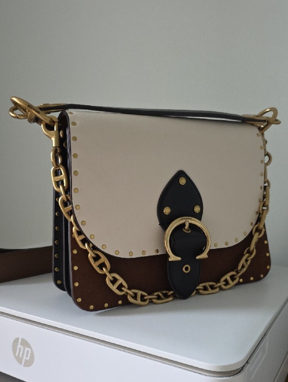 Coach Two-Tone Cream and Brown Leather Bag with Branded Gold Chain Accent